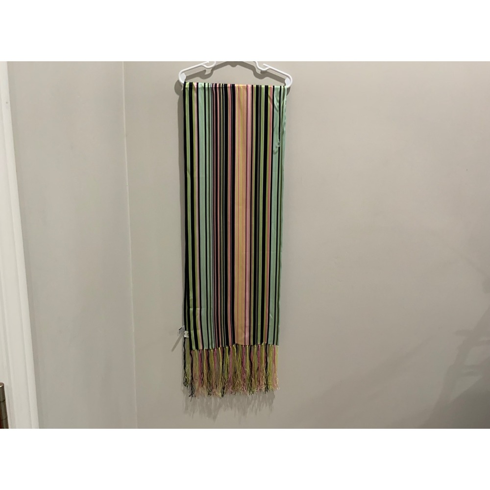 Talbots 100% Silk Striped Scarf Pink Green Navy Multi Color Fringe Trim Long